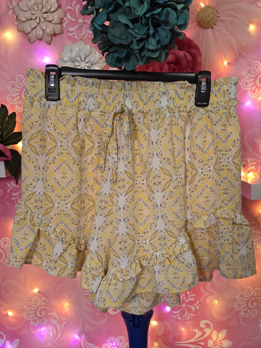 She + Sky Yellow and White Ruffle Hem Shorts